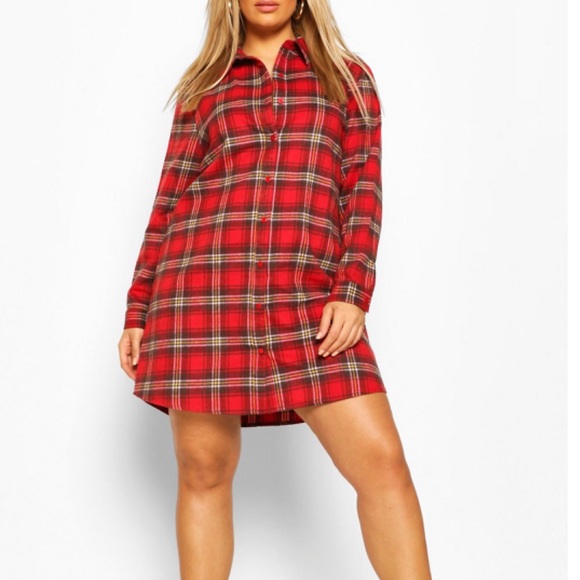 ❗️1 LEFT❗️NWT•24•GO TO OVERSIZED RED PLAID SHIRT DRESS•NEW - Picture 3 of 16